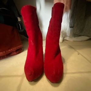 Red Velvet Embroidered Heeled Booties.